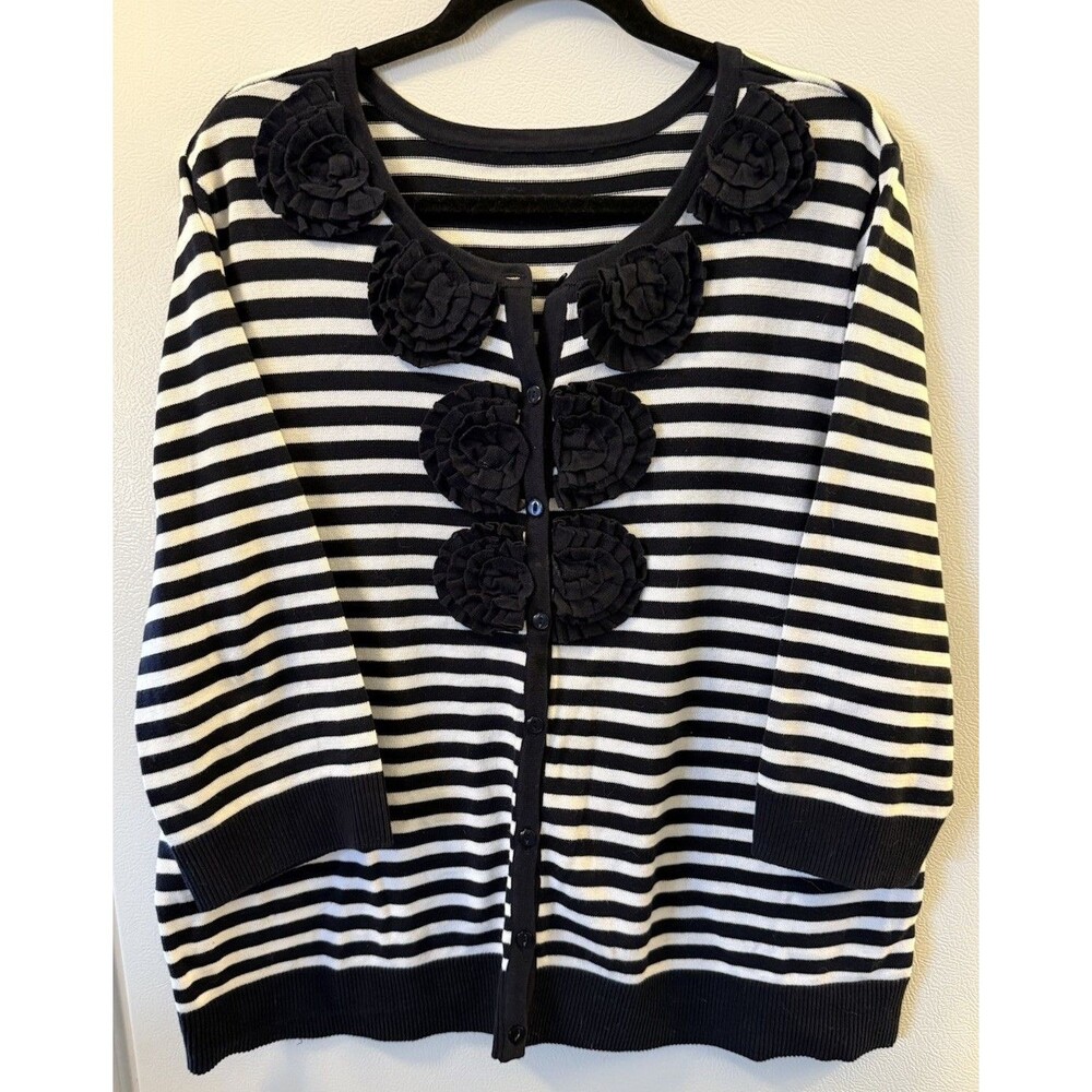 Christopher Banks Flower Embellished Cardigan Knit Navy White Striped Sweater XL